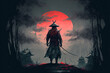 Futuristic Samurai standing backwards in a night grey forest with a big red moon in the background, Panorama landscape scene, illustration art style painting