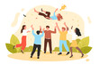 © Flash Vector - Team of people tossing happy person vector illustration. Cartoon office workers toss best colleague, winner with award cup up in air, congratulate and celebrate victory or company achievement