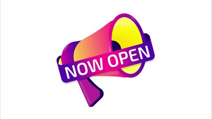 Aufkleber - Now open banner, label, badge icon with megaphone. Flat design. 4K video animation