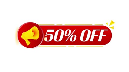 Poster - Megaphone with 50 percent off banner on white background. Web design. 4K video animation
