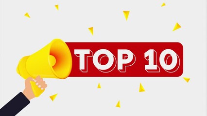 Poster - Man holding megaphone and word Top 10 near chalkboard. 4K video animation