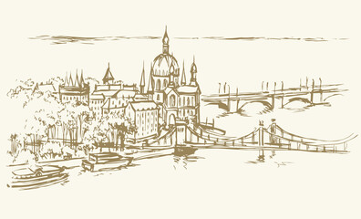 Wall Mural - Hungarian Parliament Building. Vectos drawing scene