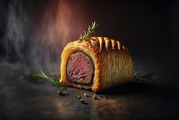 Wall Mural - illustration of close-up hot Beef Wellington ,Generative Ai