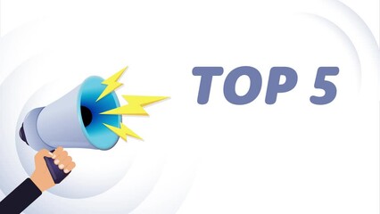 Poster - Hand hold megaphone. Top 5, realistic 3d megaphone, loudspeaker with lightning. Symbols speaker, social media, advertising and promotion. 4K video animation