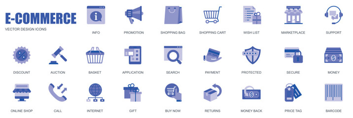 Poster - E-commerce concept of web icons set in simple flat design. Pack of info, shopping bag, cart, wish list, marketplace, discount, basket, search, payment and other. Vector blue pictograms for mobile app