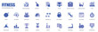 © alexdndz - Fitness concept of web icons set in simple flat design. Pack of mountain bike, whistle, diet, pulse, weight scales, pool, darts, backpack, dumbbell and other. Vector blue pictograms for mobile app