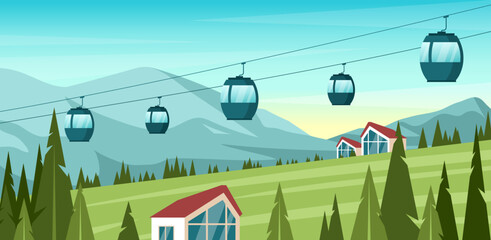 Poster - Spring and summer mountain landscape. Vector illustration of ski resort with hill, green grass, slope, hotels, cableway, ski lift. Outdoor holiday activity in Alps. Springtime. Horizon background