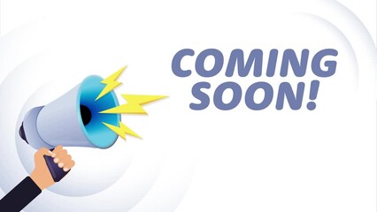 Fototapete - Hand hold megaphone. Coming soon, realistic 3d megaphone, loudspeaker with lightning. Symbols speaker, social media, advertising and promotion. 4K video animation