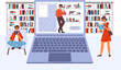 Online library vector concept. Students reading, boy with book on computer screen. Geek education, teens read books. Web bookstore readers vector scene