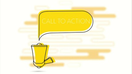Poster - Call to action banner. Megaphone and yellow speech bubble with text. Loudspeaker. Flat design. 4K video animation