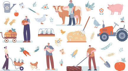 Wall Mural - Agriculture collection, farmer people, male gardener. Harvest clipart, vegetables and farm animals. Agricultural market, fresh food kicky vector clipart