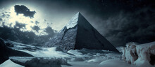 Glacial Period In Ancient Egypt. Fantasy Winter Landscape, Giza Pyramids In Snow, Apocalypse. AI
