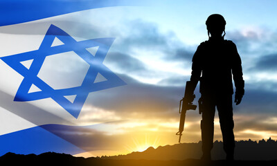 Silhouette of soldiers with Israel flag against the sunrise. Concept - armed forces of Israel. EPS10 vector