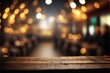 © MiaStendal - Empty Wooden holiday table with blurred bokeh background. Festive lights, Christmas tree and garlands. AI