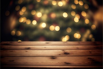 Empty Wooden holiday table with blurred bokeh background. Festive lights, Christmas tree and garlands. AI