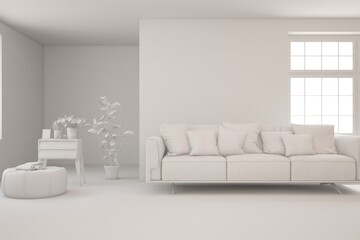 Mock up of stylish room in white color with sofa. Scandinavian interior design. 3D illustration