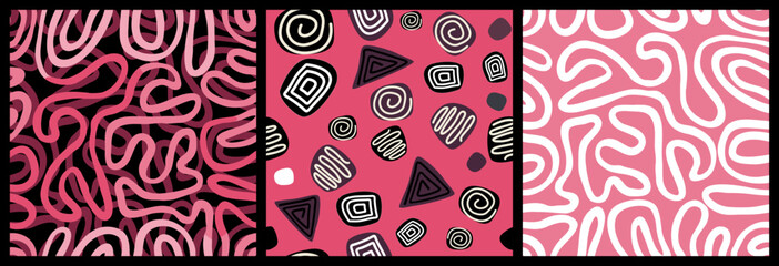 Wall Mural - set of geometric seamless patterns of chaotic lines.hand drawn shapes in pink, grey and black .colle