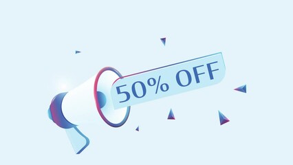Aufkleber - 50 percent off text with 3d realistic megaphone animation. Megaphone sign banner for promo video. Sale concept. 4K animation