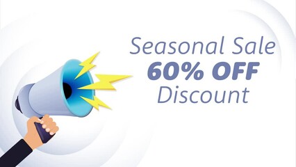 Aufkleber - Hand hold megaphone. Seasonal sale 60 percent off, realistic 3d megaphone, loudspeaker with lightning. Symbols speaker, social media, advertising and promotion. 4K video animation