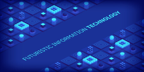 Wall Mural - Isometric futuristic information technology blockchain concept. Big data binary code, data flow. Transferring of big data. Interconnected blocks of data. Vector illustration abstract background