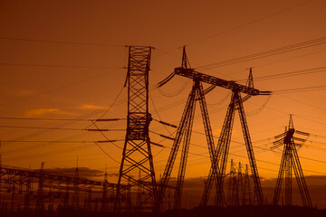  High voltage electric power station,substation with transformers and sky background.high voltage post,High voltage tower sky sunset.