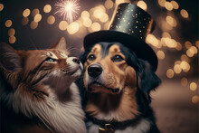 Cat And Dog's Faces As They Gaze Up At The Fireworks Bursting In The Night Sky. They  Wear A Top Hat  Bow Tie, And A Vest. Style Is Dreamy And Romantic, With Golden Light That Gives   Magical Quality.