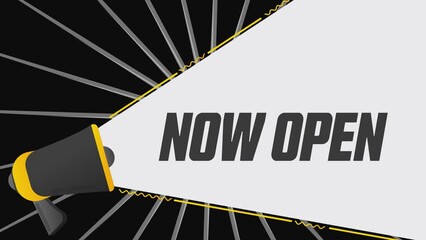 Aufkleber - Now open. Megaphone in promotion banner. Advertising, marketing speech. 4K video animation
