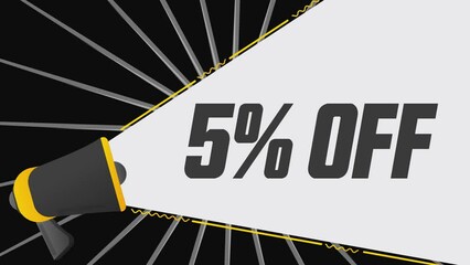 Leinwandbilder - 5 percent off. Megaphone in promotion banner. Advertising, marketing speech. 4K video animation