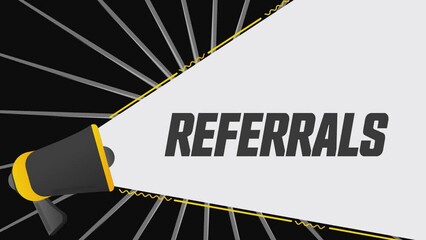 Poster - Referrals. Megaphone in promotion banner. Advertising, marketing speech. 4K video animation