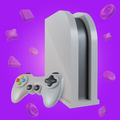 Wall Mural - 3d realistic game console with controller in minimal funny cartoon style. Modern design element on bright background with geometric shapes. Vector illustration or icon gamepad.