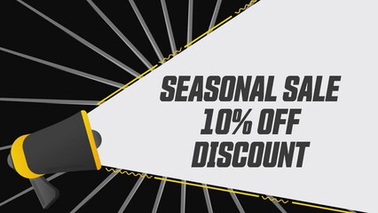 Poster - Seasonal sale 10 percent off. Megaphone in promotion banner. Discount concept. Advertising, marketing speech. 4K video animation