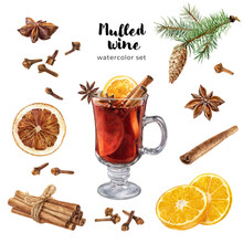 Watercolor Illustration Of Christmas Mulled Red Wine, Recipe Set Isolated On Transparent Background. Glass Of Mulled Red Wine, Fruits And Spices. Christmas Composition Set.
