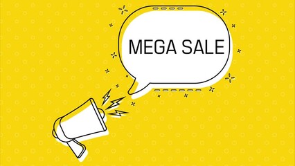 Aufkleber - Mega sale. Megaphone and yellow speech bubble with quote. Blog management. Concept poster for social networks, advertising, banner. Flat design. 4K animation