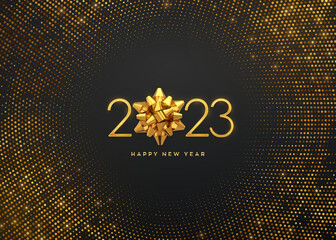 Wall Mural - Happy New 2023 Year. Golden metallic luxury numbers 2023 with golden gift bow on shimmering background. Greeting card. Bursting backdrop with glitters. Festive poster or banner. Vector illustration.
