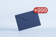 © Who is Danny - Full email box, received notifications and newsletter ideas concept with dark blue paper envelope with white 999 icon in red circle on the corner on light background. 3D rendering