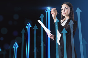 Wall Mural - business, investing and success concept with businesswoman with paper list in hand using stilus on d