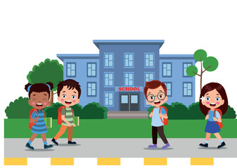 Wall Mural - cute students walking to school with their bags