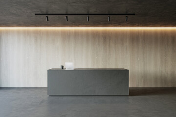 Wall Mural - Front view on modern minimalistic reception desk with modern laptop in empty stylish office area, dark lamp on wooden wall background. 3D rendering