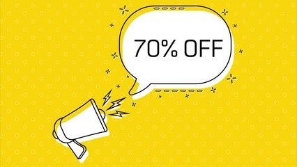 Leinwandbilder - 70 percent off. Megaphone and yellow speech bubble with quote. Blog management. Concept poster for social networks, advertising, banner. Flat design. 4K animation