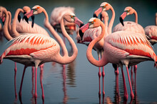 Flock Of Pink Caribbean Flamingos In Water. Digital Art
