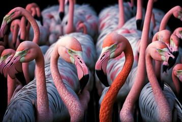 Wall Mural - Flock of Pink Caribbean flamingos in water. digital art