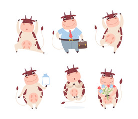 Sticker - Lovely Cow Character with Horns and Udder Engaged in Different Activity Vector Set