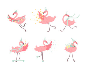 Sticker - Cute Pink Flamingo in Birthday Party Hat with Gift Box and Garland Vector Set