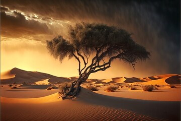 Desert landscape with sand, animal and tree