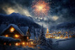 Fireworks in the sky above Christmas village. Winter Landscape. Generative AI