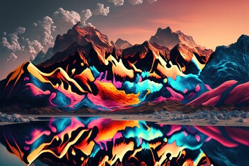 Wall Mural -  a painting of a mountain range with a lake in front of it and a sky filled with clouds above. Generative AI