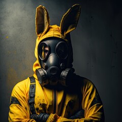 Wall Mural - Mr. Rabbit man in black gas mask and yellow track suit