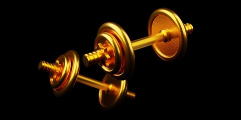 Wall Mural - Two gold fitness gym dumbbells with plates isolated on black background, muscle exercise, bodybuilding or fitness concept