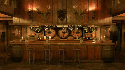 Poster - Medieval tavern bar with barrels of ale, cider and mead lit by candlelight. 3D rendering.
