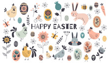 Happy easter cartoon elements. Decorative religious holiday objects, painted eggs, cute chickens, funny bunnies, hand drawn spring flowers and leaves, isolated festive decor, tidy vector set